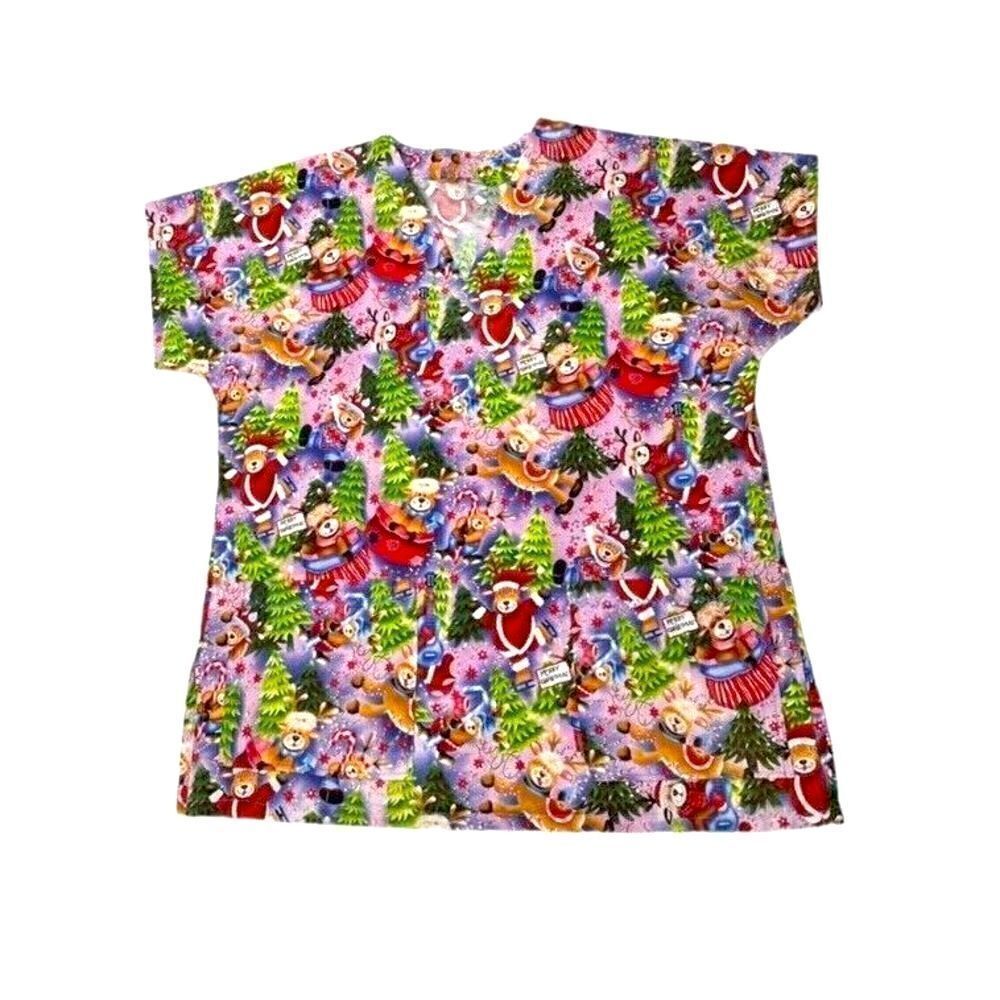 Pink with Winter Christmas Print Reindeer V Neck Scrub Top  Women’s Size Large